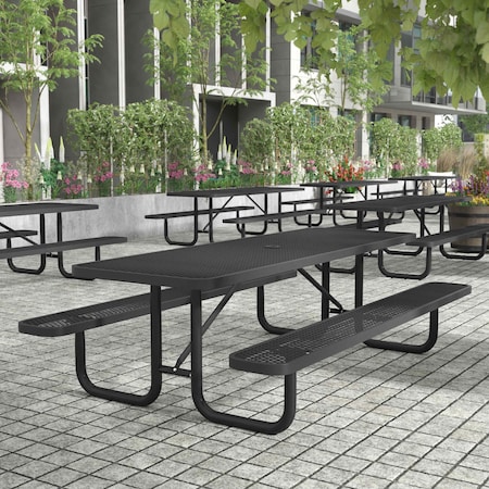 Flash Furniture Mantilla Rectangle Picnic Table, Black, Expanded Metal, Mesh, Steel Frame, 8 ft L SLF-EML-96-BK-GG